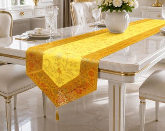 Goudbrokaat Zijde Tafelloper Luxe Bloemen Geweven Eettafel Decor Bruiloft Middelpunt Festival Woondecoratie Decoratief Kwastje 14 x 72"