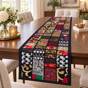 Black Patchwork Table Runner 18x60 Inch, Handmade Cotton Embroidered Dining Decor, Boho Wedding Centerpiece, Unique Housewarming Gift Accent