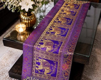 Purple Brocade Silk Table Runner 16x60 Gold Elephant Table Runner Handmade Indian Table Runner Luxury Dining Table Decor Housewarming Gift