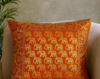 アートシルクオレンジリボン刺繍ローズ装飾クッションカバー、16インチ