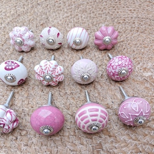 Pink Ceramic Cabinet Knobs Assorted Set, Floral Drawer Knobs, Vintage Dresser Pulls, Kitchen Cupboard Handles, Handmade Wardrobe Decorative
