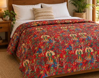 Katoenen Kantha-quilt met rood-Indiaas tuinmotief, handgemaakte bedsprei voor een tweepersoonsbed (90x108 inch) met figuratieve print.