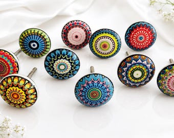Set of 10 Handmade Ceramic Cabinet Knobs – Colorful Mandala Drawer Pulls for Dresser, Kitchen Cabinets & Furniture