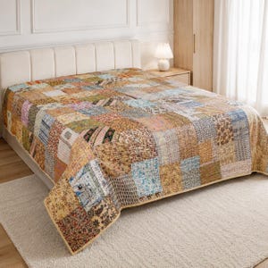 Puede incluir: Una colcha de patchwork que presenta una variedad de bloques de tela rectangulares en tonos bronceado, marrón, azul y crema. La colcha muestra un surtido de patrones florales, de cachemira y geométricos cosidos para formar una gran cubierta.