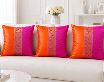 Decoratieve set van 3 satijnen zijden sierkussenhoezen, moderne kleurblokaccentkussens voor bank of bank, elegante woonaccessoires