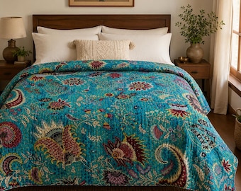 Luxury Turquoise Hand Block Print Bohemian Kantha Quilt Handmade Cotton Bedspread, Indian Floral Paisley Quilt, Reversible Bedding Gift