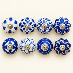 Blue and White Ceramic Cabinet Knobs, Handmade Drawer Pulls for Dressers, Decorative Kitchen Cupboard and Wardrobe Handles