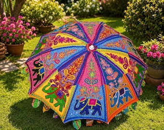 Boho Patio Umbrella, Colorful Elephant Garden Umbrella, Outdoor Table Umbrella, Indian Mandala Parasol, Bohemian Backyard Patio Decor