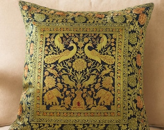 Vintage Peacock Silk Cushion Cover 16x16 Inch Handmade Indian Brocade Pillow Case, Luxury Floral Boho Throw Pillow, Decorative Sofa Cushion