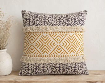 Textured Boho Cushion Cover Mustard Black Cotton Throw Pillow with Fringe Geometric Sofa Bedroom Decor 40x40 45x45 cm Modern Farmhouse