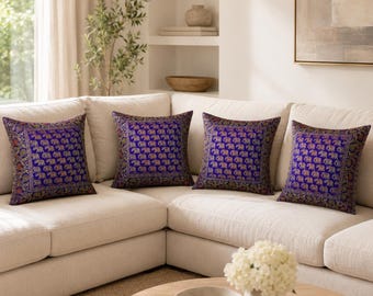 Ensemble de 4 housses de coussin éléphant doré, coussins en soie brocart violette 40x40 cm, décoration indienne pour canapé, ensemble d'accessoires de luxe pour chambre à coucher