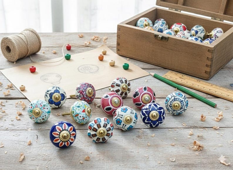 Pu&ograve; includere: Pomelli decorativi in ceramica con disegni floreali e geometrici blu, rossi e bianchi. Alcuni pomelli sono in una scatola di legno, altri sono disposti su una superficie di legno. Misure in cm.