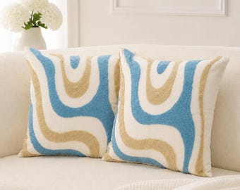 Blue Beige Tufted Cushion Cover, Modern Abstract Throw Pillow Case, Textured Boho Sofa Decor, Ivory Accent Pillow for Living Room Bedroom