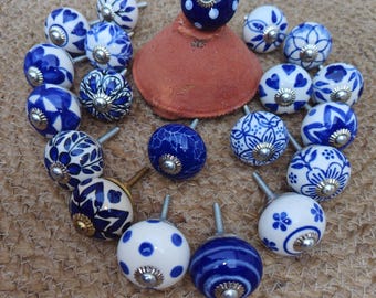 Blue White Ceramic Drawer Knobs Hand Painted Cabinet Handles for Dresser & Furniture Assorted