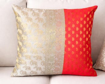 Pillows Decorative Vintage 16x16 Indian Elephant Print Cushion Cover, Red Boho Sofa Pillow, Living Room Decor (40X40 cm)