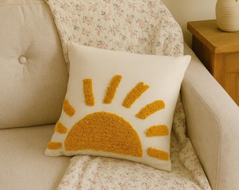 Mustard Yellow Sun Tufted Cushion Cover 16x16, Boho Cotton Pillow, Handcrafted Sunburst Throw Pillow