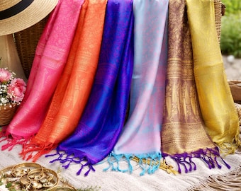 Set van 5 diverse veelkleurige zijden satijnen sjaals, Indiase sjaals voor dames, luxe sjaal cadeau voor vrouwen, moeders, echtgenotes en vriendinnen.