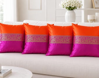 Feestelijke set van 4 satijnen zijden kussenslopen, sierkussenslopen van rijk oranje en roze zijde, decoratieve kussenset voor bed- of bankdecoratie