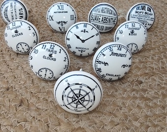 Vintage Clock Design Ceramic Drawer Knobs Black White Cabinet Handles for Dresser & Furniture Set Of 10