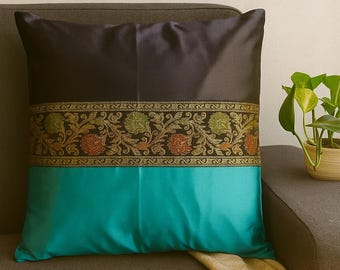Spring Floral Decor Throw Pillow Covers Black Teal Green Satin Cushion Cover Handmade Pillow with Gold Brocade Border Indian