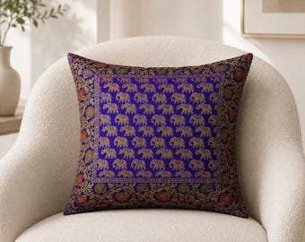 Housse de coussin en brocart violet et or 40x40 cm, taie d'oreiller tissée à motif éléphant, décoration de canapé bohème indienne, jeté décoratif, lot de 1 à 4 pièces au choix