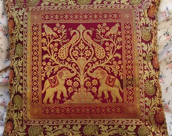 Home Gift Maroon Gold Brocade Cushion Cover Elephant Peacock Artwork Indian Ethnic Sofa Throw Pillow Royal Home Decor Accent Gift
