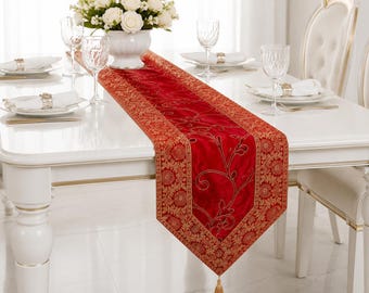 Brocade Silk Embroidered Dining Table Runner, Red Luxury Table Decor, Handmade Holiday Centerpiece, Elegant Home Decoration 14X72 Inch