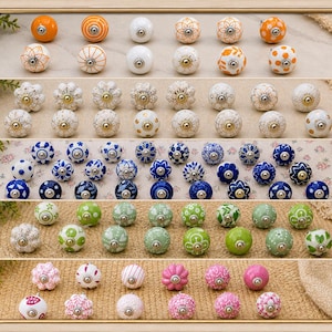 Vintage Floral Ceramic Cabinet Knobs, Hand-Painted Drawer Pulls, Boho Rustic Furniture Handles for Dresser, Kitchen Cupboard & Wardrobe