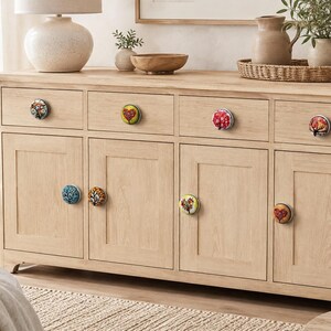 Ceramic Cabinet Knobs Set, Multicolor Tree Bird Drawer Pulls, Boho Dresser Handles, Decorative Cupboard Hardware, Housewarming Gift image 2