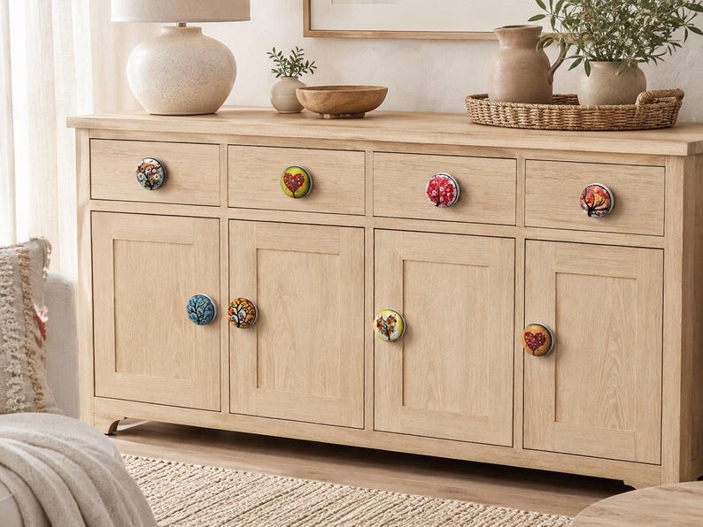 Ceramic Cabinet Knobs Set, Multicolor Tree Bird Drawer Pulls, Boho Dresser Handles, Decorative Cupboard Hardware, Housewarming Gift image 2