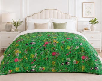 Handmade Green Cotton Kantha Quilts for Sale Queen & Twin Size Bedroom Throw Blanket, Antique Vintage Indian Kantha Stitch Quilt Home Decor