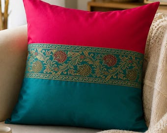 Rode groenblauwe zijden kussenhoes 16 x 16 – satijnen kussen met bloemenbrokaat, handgemaakt woondecoratie