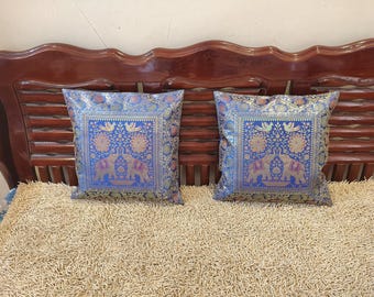 Set van 2 koningsblauwe kussenhoes olifant brokaat, Indiase jacquard sierkussen, luxe decoratief bankkussen, boho woondecoratie cadeau