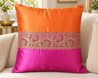 Orange Pink Satin Silk Cushion Cover 16x16, Gold Brocade Pillow Case, Colorful Luxury Sofa Décor, Boho Accent, Handmade Housewarming Gift