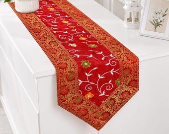 Red Brocade Silk Table Runner 14x72 Handmade Luxury Dining Table Runner Gold Floral Design Wedding Decor Indian Home Decor Housewarming Gift