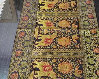 Silk Brocade Table Runner: Black Gold Elephant Peacock Indian Tapestry (16"x60")