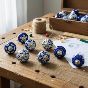Blue Floral Ceramic Drawer Knobs Set, Vintage Cabinet Hardware, Handmade Dresser Pulls, French Country Kitchen Decor Accessories