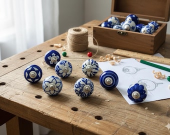 Blue Floral Ceramic Drawer Knobs Set, Vintage Cabinet Hardware, Handmade Dresser Pulls, French Country Kitchen Decor Accessories