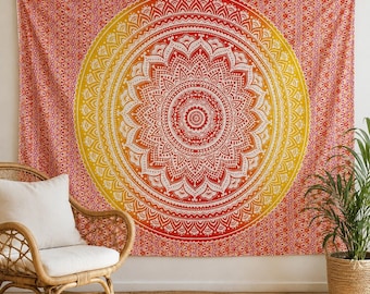 Tapeçaria Mandala Laranja, Estilo Boho Floral para Parede, Decoração Indiana Hippie para Quarto, Arte em Tecido para Meditação, Algodão, 54x84 e 84x90 polegadas