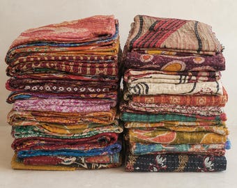 Conjunto de 8 colchas Kantha vintage sortidas, tamanho 55x85, em algodão, com patchwork de sari, reversíveis, estilo boho.