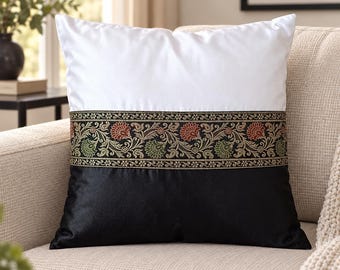 Black White Satin Silk Cushion Cover 16x16, Gold Floral Brocade Throw Pillow Case, Luxury Sofa Accent, Elegant Housewarming Gift