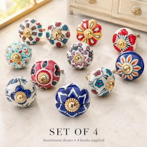 Set van 4 kastknoppen met bloemenmotief, keramische grepen in diverse kleuren voor kastdeuren, decoratieve ladehandgrepen voor ladekasten en dressoirs in de slaapkamer.