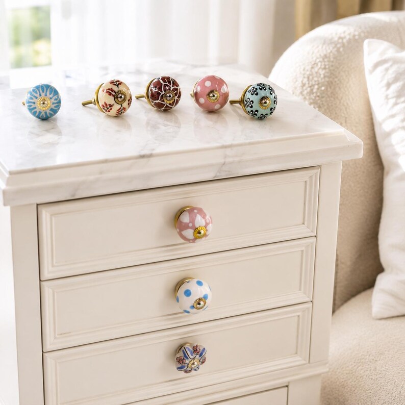 Pode incluir: Uma cole&ccedil;&atilde;o de puxadores redondos de cer&acirc;mica para gavetas com v&aacute;rios padr&otilde;es, incluindo floral azul e branco, creme com flores vermelhas, castanho escuro com flores brancas, rosa com bolinhas brancas e azul claro com flores pretas, com ferragens douradas.