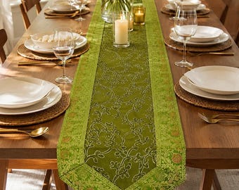Green Embroidered Table Runner 14x72 Inch Floral Dining Table Runner Luxury Farmhouse Table Decor Boho Kitchen Centerpiece Gift
