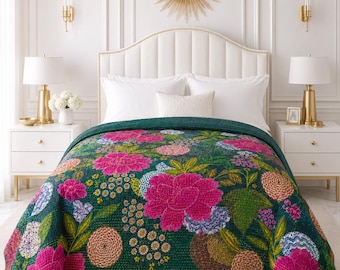 Emerald Green Cotton Kantha Quilt – Handmade Floral Indian Bedspread, Reversible Boho Bedding, Twin Queen King