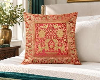 Coral Red Pillow Cover 16x16, Boho Decorative Cushion Cover, Warm Colour Throw Pillow for Sofa and Bedroom