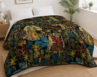 Black Farida Cotton Queen Quilt Handmade Kantha Bedspread Floral Botanical Bedding, Indian Cotton Quilt, Reversible Bedroom Blanket Coverlet