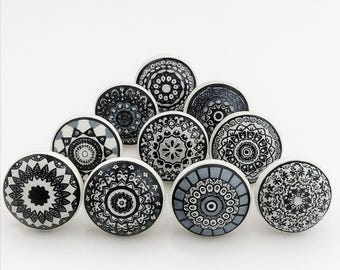 10er Set schwarz weiß Keramik Schrank Knöpfe Boho Schublade Knäufe für Küchenschränke Schlafzimmer Kommode Waschküche Innentüren Silber Basis 10er Set