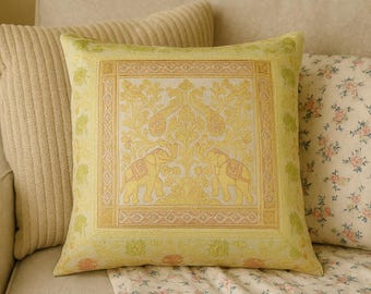 Beige Elephant Silk Cushion Cover 16x16 Inch – Handmade Indian Brocade Pillow Case, Boho Vintage Throw Pillow Luxury Decorative Sofa Cushion