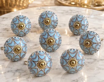 Ceramic Cabinet Knobs Set, Turquoise Drawer Pulls, Boho Dresser Handles, Hand Painted Decorative Cupboard Hardware, Housewarming Gift